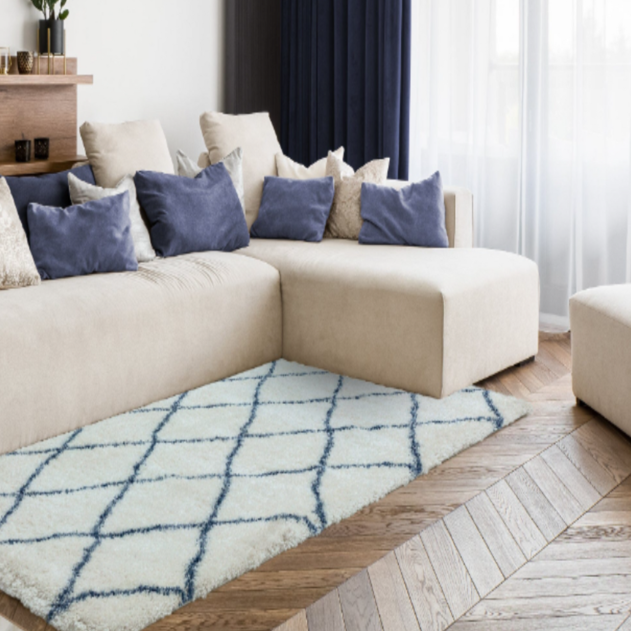 Alto Cream & Blue Moroccan Shaggy Rug